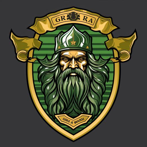 cape, shield, crest and helmet, GAS GUARDIANS caot of ars shield LOGO, 2D, Crispy lines, vector image, Geb, Egyptian god of the earth, sports style logo, yakshagana, cartoon style logo. 3 colors, full body, black and gray, coat of arms style logo, green weed style plant around the shield, family crest style. lines and shapes that are mathematically defined.