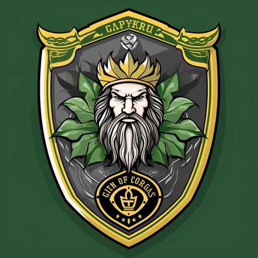 cape, shield, crest and helmet, GAS GUARDIANS caot of ars shield LOGO, 2D, Crispy lines, vector image, Geb, Egyptian god of the earth, sports style logo, yakshagana, cartoon style logo. 3 colors, full body, black and gray, coat of arms style logo, green weed style plant around the shield, family crest style. lines and shapes that are mathematically defined.