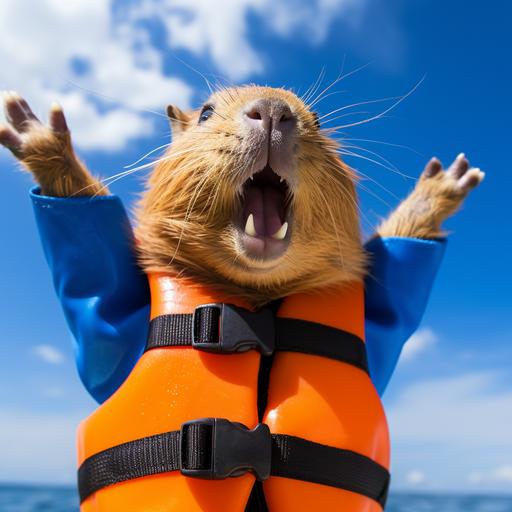 capibara wear orange life jacket with blue sky background very happy Point index fingers to the left.