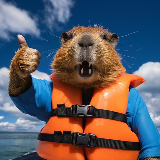 capibara wear orange life jacket with blue sky background very happy Point index fingers to the left.