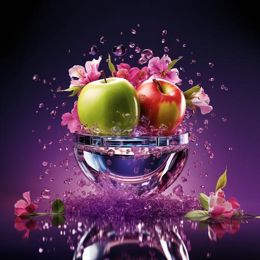 capsule of fragrance with a shine explosion and inside with ingredients of perfumery, classic and nitid colors, add a ingredients inside: green apple, violet flowers, damas rose and ambar, shine capsule with a blue background