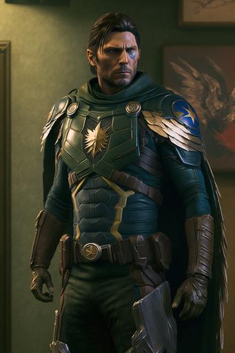 marvel, captain america in modern green uniform with golden eagle logo on chest, standing in square, full body, unreal engine, very detailed, realistic, --ar 2:3 --v 4