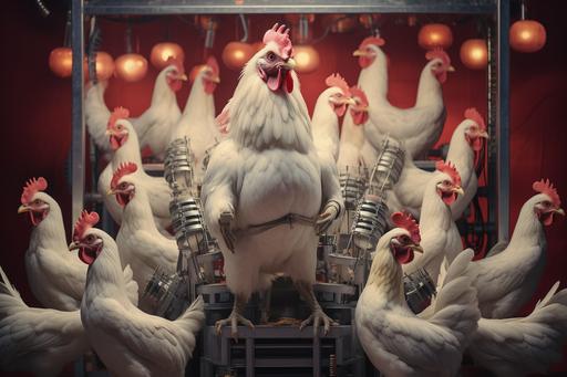 captain chicken suit, directed by comedy legend Bimo::1.5 chicken assembly line::4 chicken line to produce more eggs::3 the eggstractor 2000:: hyperbubonic molecular gastronomy go go dance moves:: Chinese chicken to go please::3 --ar 3:2