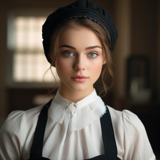 capture a 21 year old woman with soft brown hair and pale blue eyes wearing an Edwardian black maide dress, apron, and cap