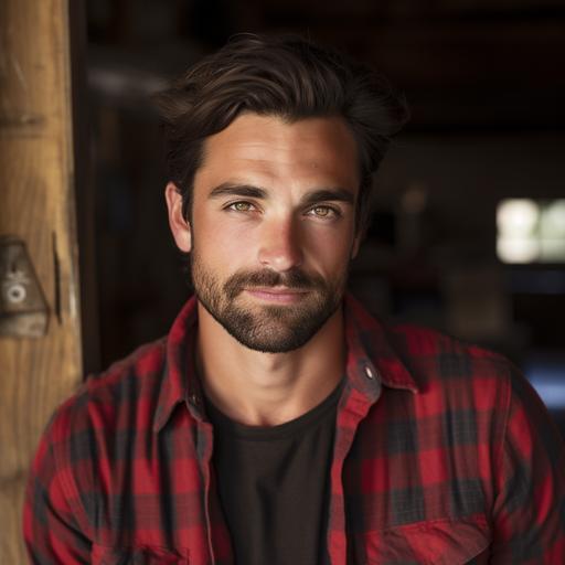 capture a photo of a handsome 30 year old carpenter with dark brown hair and light brown eyes, broad shoulders, small smile, wearing a black-and-red flannel shirt, wearing jeans, wearing a tool belt, and looks a little mischeivous, hair a little longer and falls over forehead a little, gentle look