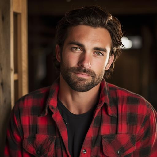 capture a photo of a handsome 30 year old carpenter with dark brown hair and light brown eyes, broad shoulders, small smile, wearing a black-and-red flannel shirt, wearing jeans, wearing a tool belt, and looks a little mischeivous, hair a little longer and falls over forehead a little, gentle look