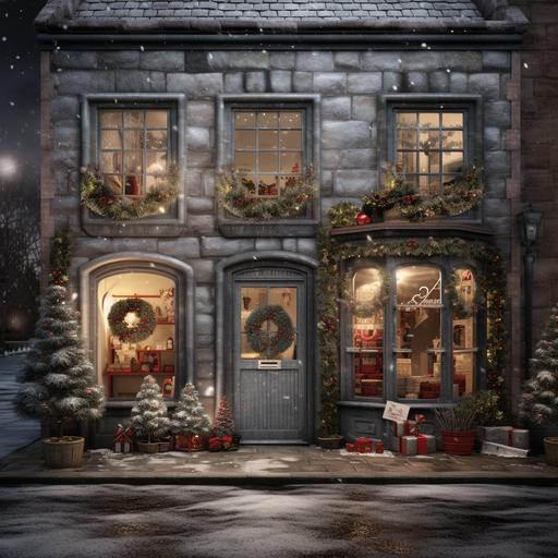 capture a realistic photo of a gray brick Christmas shop with garland on the front, festive. in a small Scottish town