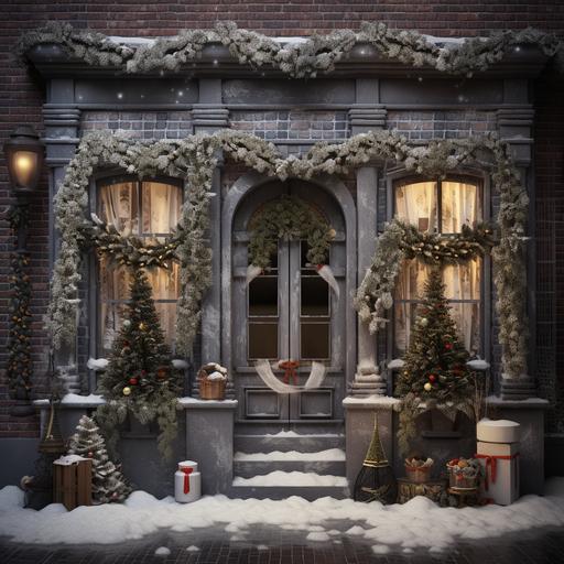 capture a realistic photo of a gray brick Christmas shop with garland on the front