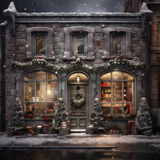capture a realistic photo of a gray brick Christmas shop with garland on the front, festive. in a small Scottish town