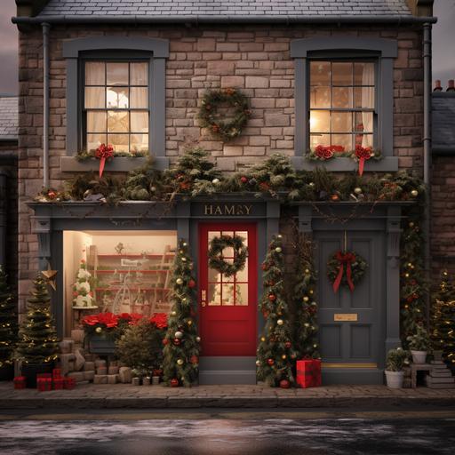capture a realistic photo of a gray brick Christmas shop with garland on the front in a small Scottish village