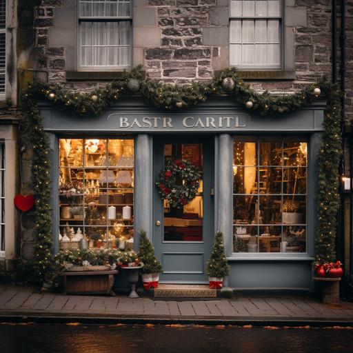 capture a realistic photo of a gray brick Christmas shop with garland on the front in a small Scottish village
