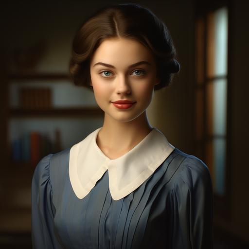 capture a realistic photo of this 23 year old woman with dark brown hair and large plae blue eyes. Her eyes are a noted feature. She is wearing a black and white maid dress with white ruffled collar and apron. Small smile.