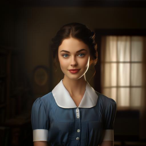 capture a realistic photo of this 23 year old woman with dark brown hair and large plae blue eyes. Her eyes are a noted feature. She is wearing a black and white maid dress with white ruffled collar and apron. Small smile.