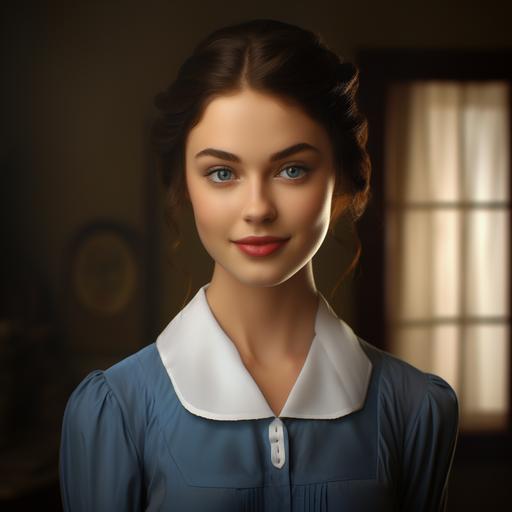 capture a realistic photo of this 23 year old woman with dark brown hair and large plae blue eyes. Her eyes are a noted feature. She is wearing a black and white maid dress with white ruffled collar and apron. Small smile.