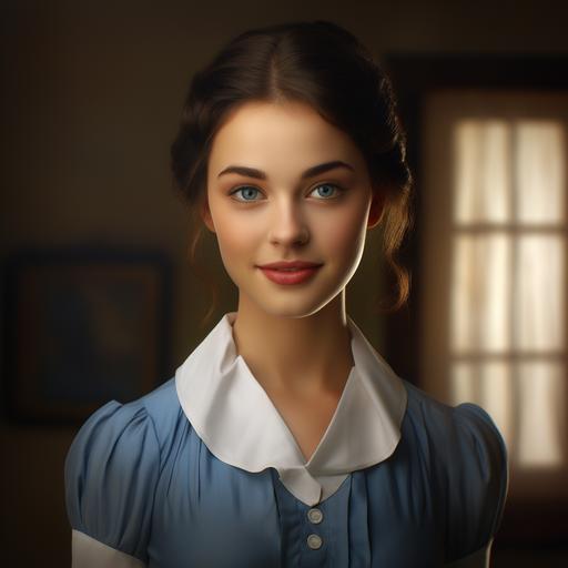 capture a realistic photo of this 23 year old woman with dark brown hair and large plae blue eyes. Her eyes are a noted feature. She is wearing a black and white maid dress with white ruffled collar and apron. Small smile.