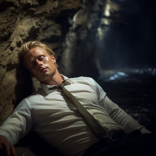 capture a realistic photo of this 30 year old blond-haired man unconscious on the cave floor of an ocean cavern, Edwardian era