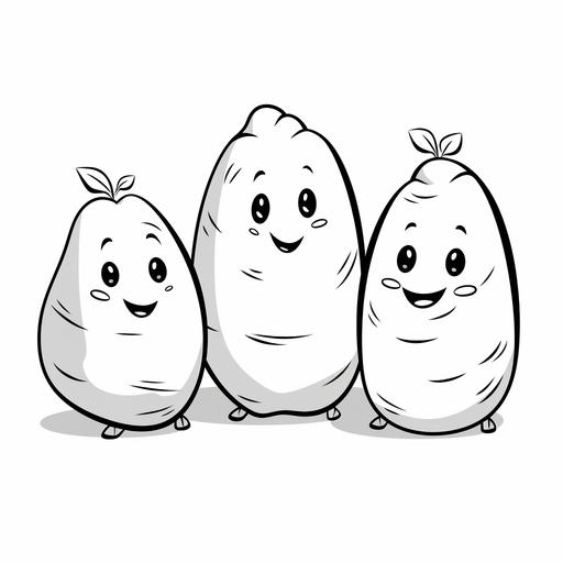 children's colouring page, basic simple cute cartoon [sweet potatoes] black outline, isolated on white background, no painting, colouring book, no noise, thick black lines, sharp lines ar 9:11