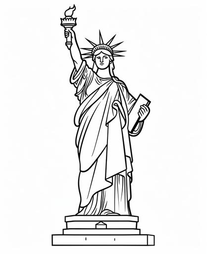 children's colouring page, basic simple cute cartoon [Statue of Liberty] black outline, isolated on white background, grayscale, no painting, colouring book, no noise, thick black lines, sharp lines --ar 9:11