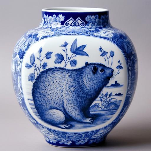 capybara as depicted on traditional Wedgewood Blue and White pottery vase with great attention to detail