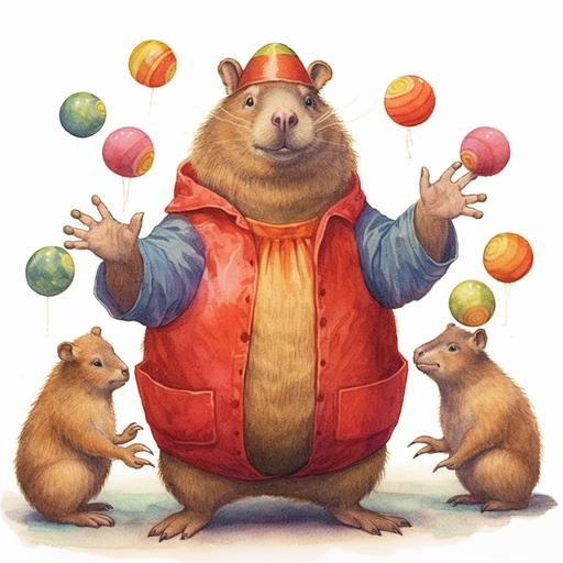 capybara dressed as a clown juggling balls, illustration --s 250