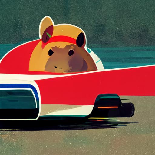 capybara driving a redbull formula 1 car in the mario kart raimbow road