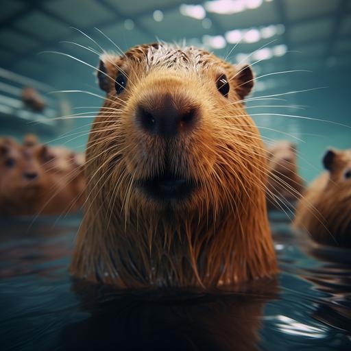 capybara learn swimming at swimming school, detailed and soft look, dynamic pose, closeup, portrait, octane rendering, swimming pool background, ultra detail, intricate details, top view, volumetric lighting, photo realistic, lifelike, photography, digital art, 8k