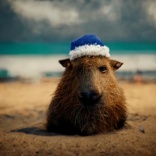 capybara with a Christmas hat on a beach, 8k , Photography , Super Detailed , Hyper Realistick , Elegant , Shaders , photoshop , cinematic , Super detailed