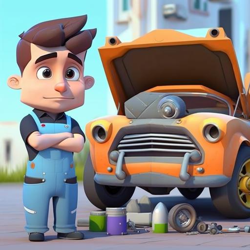 car mechanic face to car repairing vehicle on the street with futuristic background image, 3d character, character art, character concept, anime style, car road assistance service and mechanic with tools face to car, 3d character, character art, character concept, anime style, spring theme, small, cute, adorable, 4k, hd, big head, small body, main character, cartoon