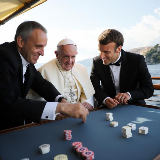 carbonated emmanuel Macron plays Pocker with Pope Francis on a boat
