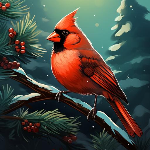 cardinal bird on christmas tree cartoon style
