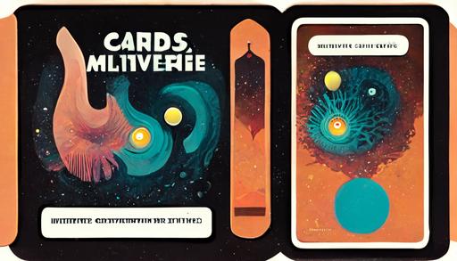 cards from the multiverse card game from another universe, the gameplay is a bit like exploding kittens, bicycle cards and cards against humanity, but with fifth dimension physics and portal swapping, cards are oddly shaped --ar 16:9