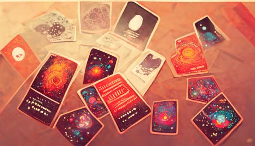 cards from the multiverse card game from another universe, the gameplay is a bit like exploding kittens, bicycle cards and cards against humanity, but with fifth dimension physics and portal swapping, cards are oddly shaped --ar 16:9