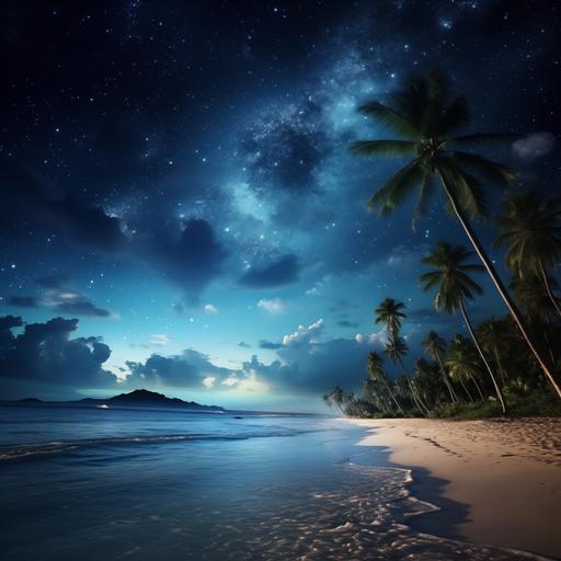 caribbean beach nighttime milky way on the sky, dark ocean on the horizon, beautiful epic hyperrealistic 4k