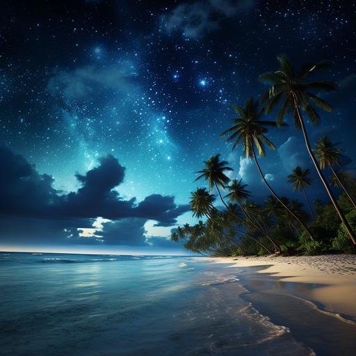 caribbean beach nighttime milky way on the sky, dark ocean on the horizon, beautiful epic hyperrealistic 4k
