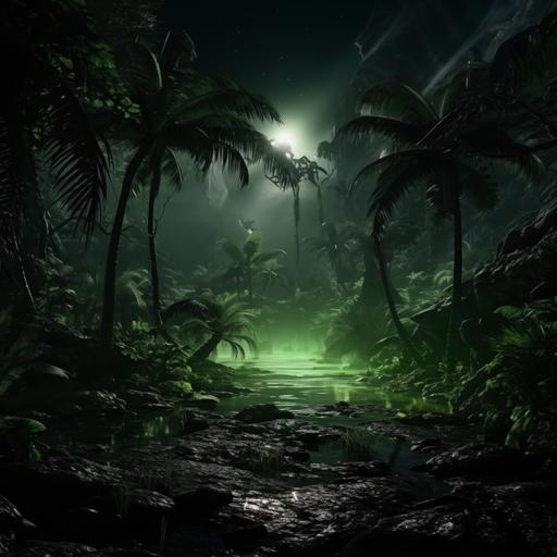 caribbean jungle very green night steam dimmed lights palms arekas huge palms 4k hyperrealistic