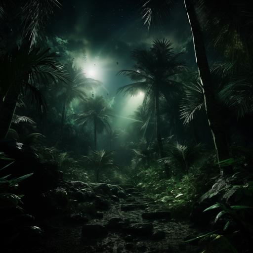 caribbean jungle very green night steam dimmed lights palms arekas huge palms 4k hyperrealistic