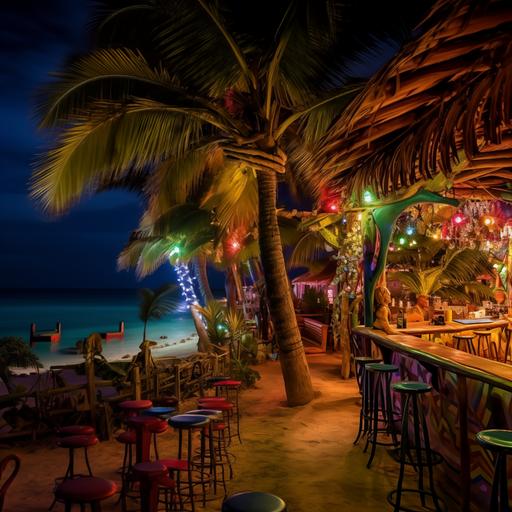 caribbean quirky beach bar, bar is colorful, there are banana trees and palms in flower pots next to the bar, beach at night, milky way on the sky huge palms and smaller palms, additional strelizizas and banana trees in pots, bar is on the left side of the frame, we can see the ocean behind - it's reflecting the milky way, the torches are dividing the bar from the ocean, there are lights - garlands, torches, lampions and lanterns --v 5.2