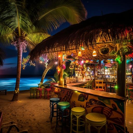 caribbean quirky beach bar, bar is colorful, there are banana trees and palms in flower pots next to the bar, beach at night, milky way on the sky huge palms and smaller palms, additional strelizizas and banana trees in pots, bar is on the left side of the frame, we can see the ocean behind - it's reflecting the milky way, the torches are dividing the bar from the ocean, there are lights - garlands, torches, lampions and lanterns