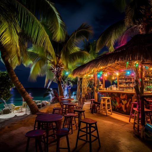 caribbean quirky beach bar, bar is colorful, there are banana trees and palms in flower pots next to the bar, beach at night, milky way on the sky huge palms and smaller palms, additional strelizizas and banana trees in pots, bar is on the left side of the frame, we can see the ocean behind - it's reflecting the milky way, the torches are dividing the bar from the ocean, there are lights - garlands, torches, lampions and lanterns
