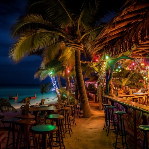caribbean quirky beach bar, bar is colorful, there are banana trees and palms in flower pots next to the bar, beach at night, milky way on the sky huge palms and smaller palms, additional strelizizas and banana trees in pots, bar is on the left side of the frame, we can see the ocean behind - it's reflecting the milky way, the torches are dividing the bar from the ocean, there are lights - garlands, torches, lampions and lanterns --v 5.2