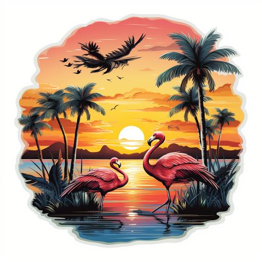 caribbean sunrise with flying flamingos any shape sticker