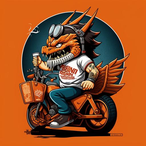 caricatura estilo de los años 80' de un dragón naranja rojizo, con una camiseta tipo pechera blanca, con un compañero mitológico en una super biker, haciendo una referencia a comida rápida