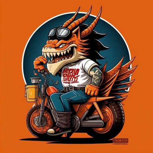 caricatura estilo de los años 80' de un dragón naranja rojizo, con una camiseta tipo pechera blanca, con un compañero mitológico en una super biker, haciendo una referencia a comida rápida