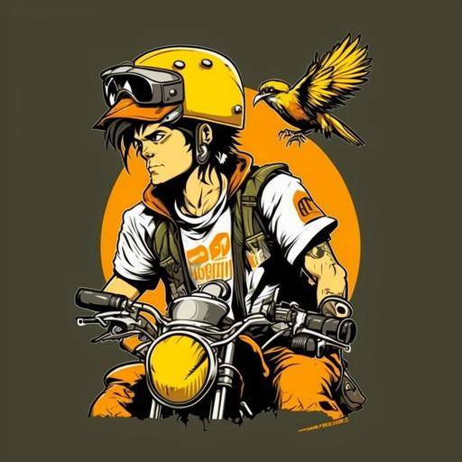 caricatura estilo de los años 80' de un pájaro amarillo oscuro con pechera blanca con tonalidades oscuras con pico naranja, con una camiseta blanca, con una gorra , en una super biker, haciendo una referencia a comida rápida