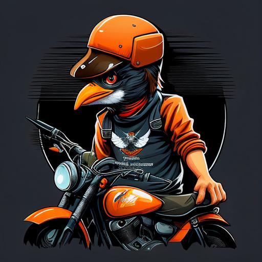 caricatura estilo de los años 80' de un pajaro oscuro con pico naranja, con una camiseta blanca, con una gorra , en una super biker, haciendo una referencia a comida rápida