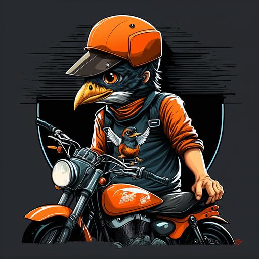 caricatura estilo de los años 80' de un pajaro oscuro con pico naranja, con una camiseta blanca, con una gorra , en una super biker, haciendo una referencia a comida rápida