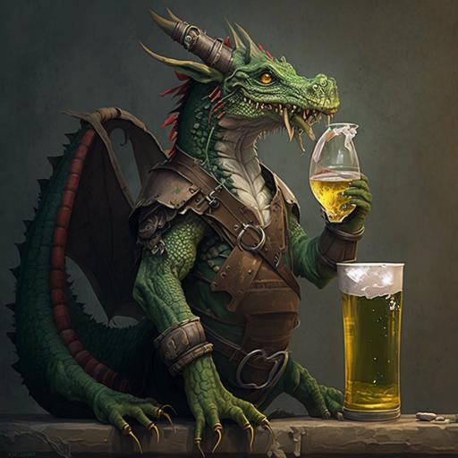 caricatura simple de un dragon marinero verde con un brazo apoyado en la borda y con una jarra de cerveza en la otra