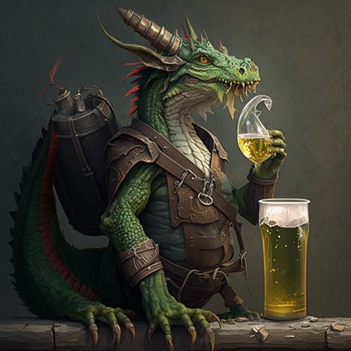 caricatura simple de un dragon marinero verde con un brazo apoyado en la borda y con una jarra de cerveza en la otra