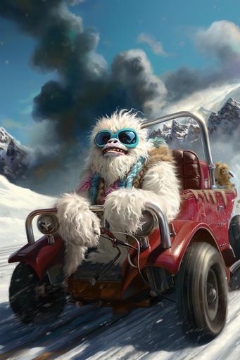 caricature, a yeti wearing AI fashion in a t-bucket dragster, --ar 2:3 --v 6.0