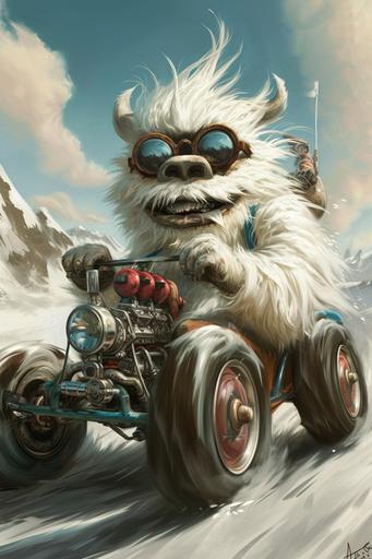 caricature, a yeti wearing AI fashion in a t-bucket dragster, --ar 2:3 --v 6.0